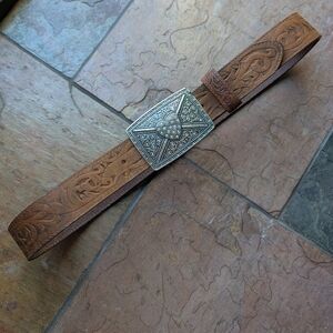 TONY LAMA embossed leather belt rhinestone buckle